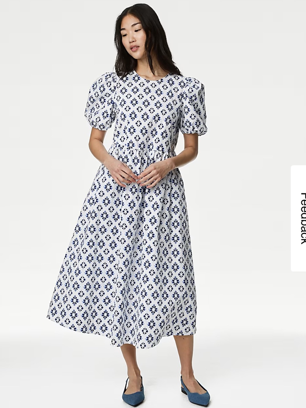Marks & Spencer White Midi Dress with Navy Geometric Print